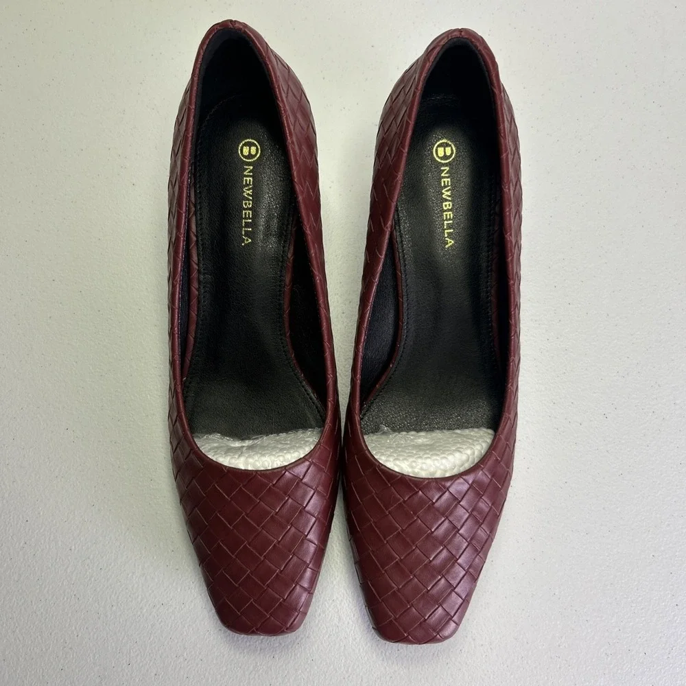 NEWBELLA Women's Woven Square Toe Block Heel Pumps Burgundy Wine Red Size 9 NIB